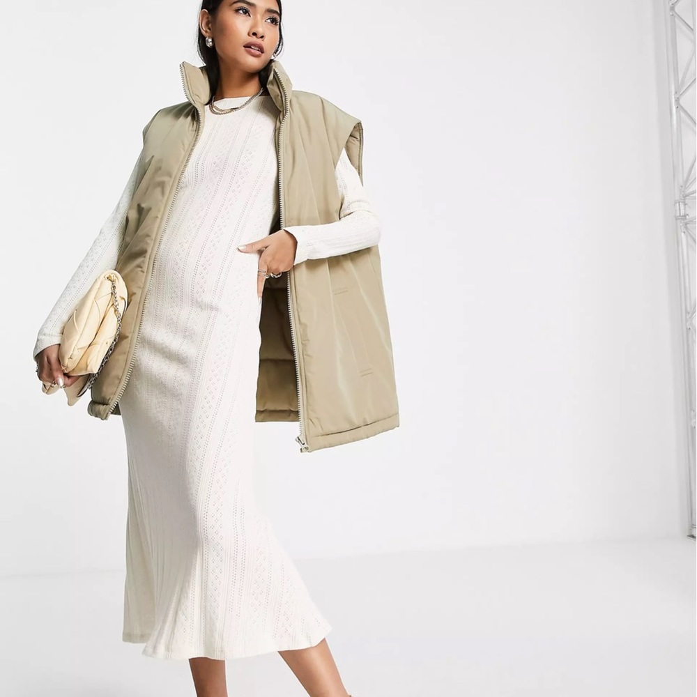 ASOS DESIGN pointelle long sleeve midi dresss in stone